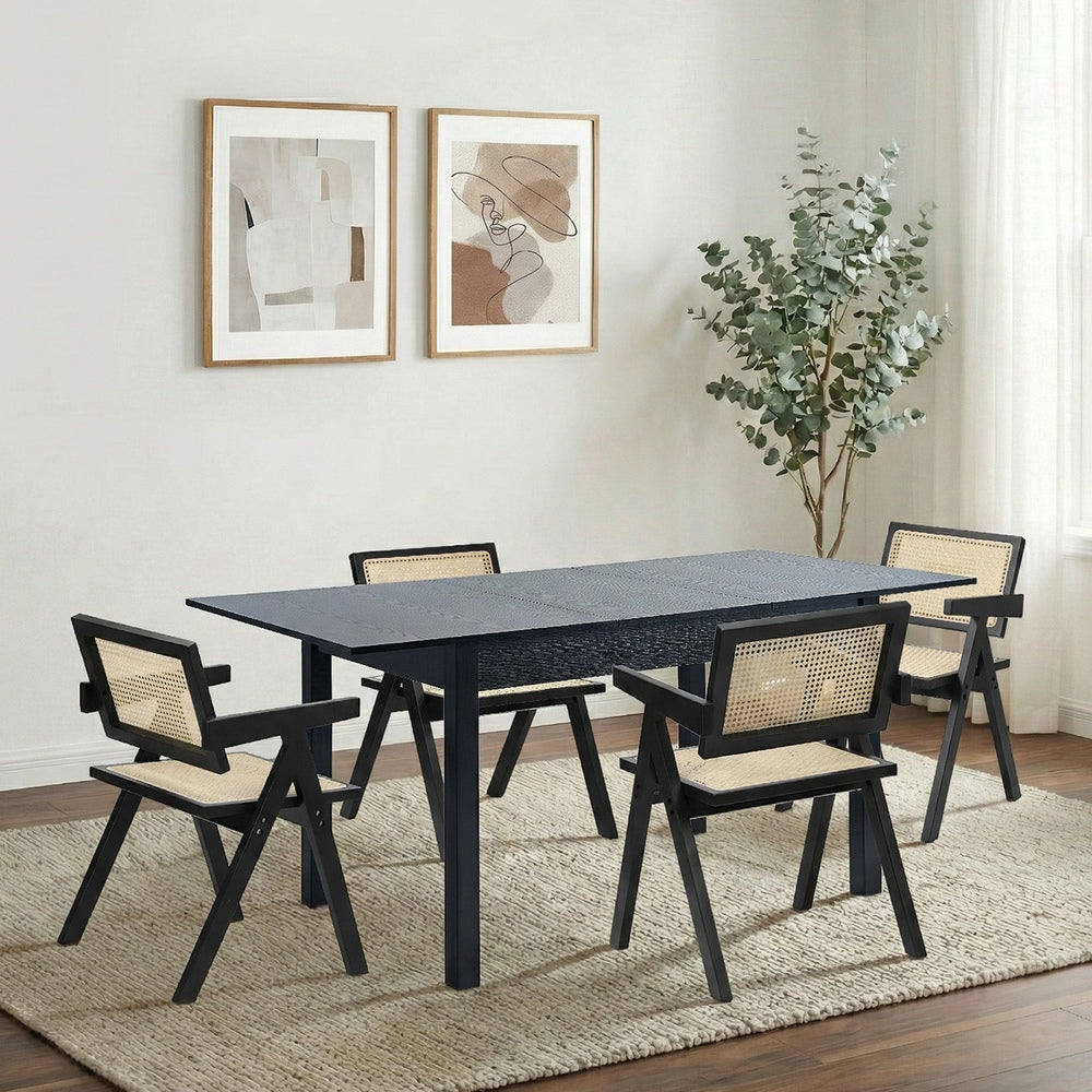 5pc Dining Table and Chairs Wooden Dining Set Ratten Black