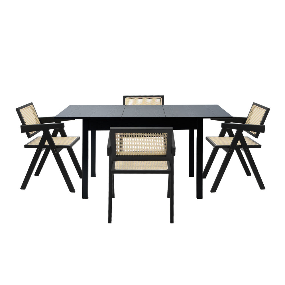5pc Dining Table and Chairs Wooden Dining Set Ratten Black