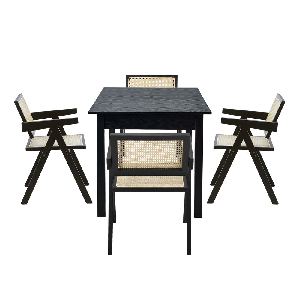 5pc Dining Table and Chairs Wooden Dining Set Ratten Black