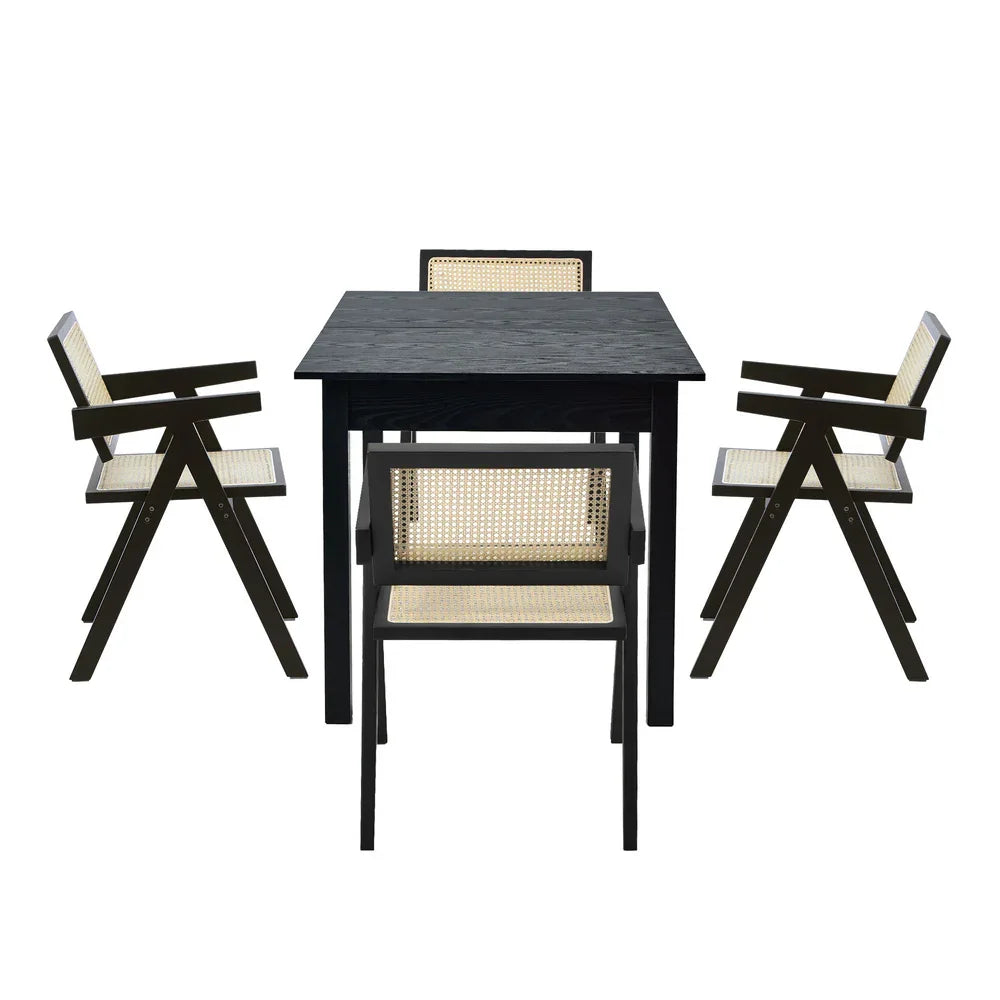 5pc Dining Table and Chairs Wooden Dining Set Ratten Black