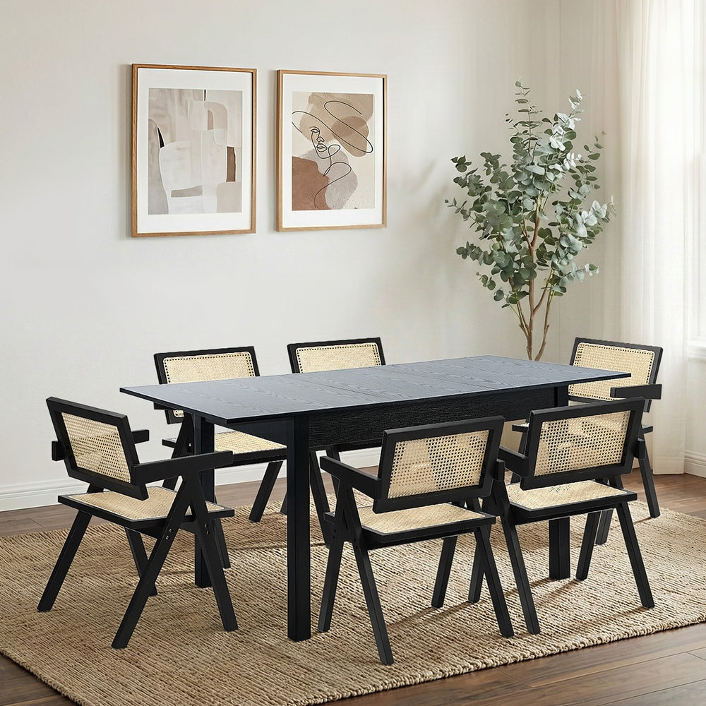 7pc Dining Table and Chairs Wooden Dining Set Ratten Black