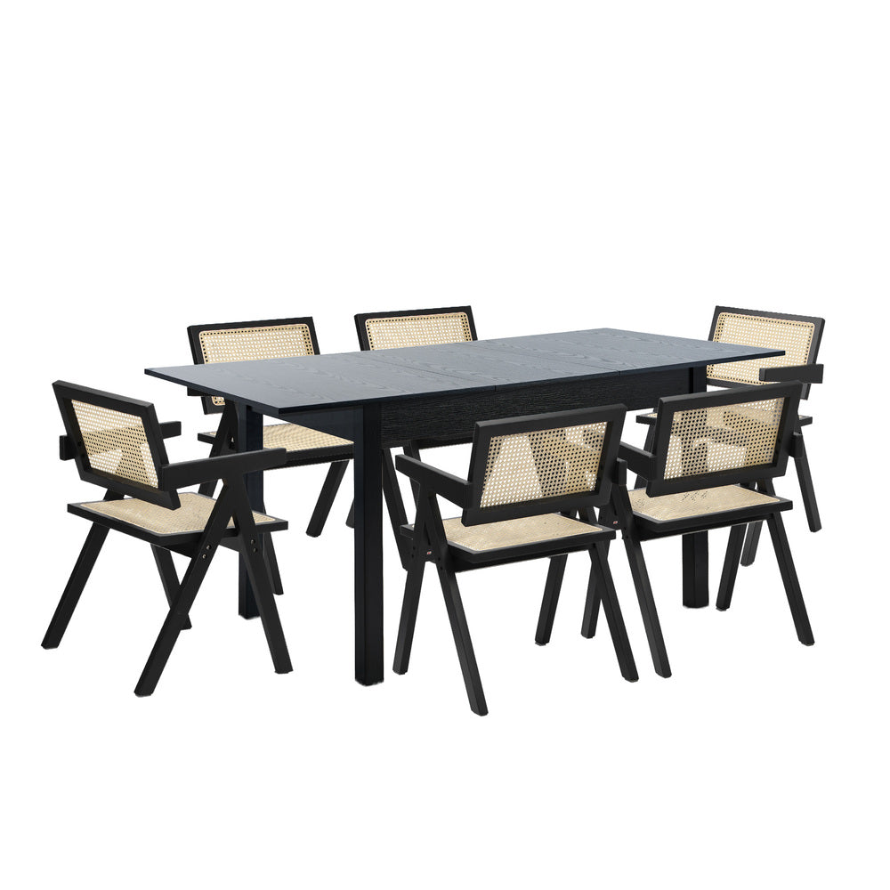 7pc Dining Table and Chairs Wooden Dining Set Ratten Black