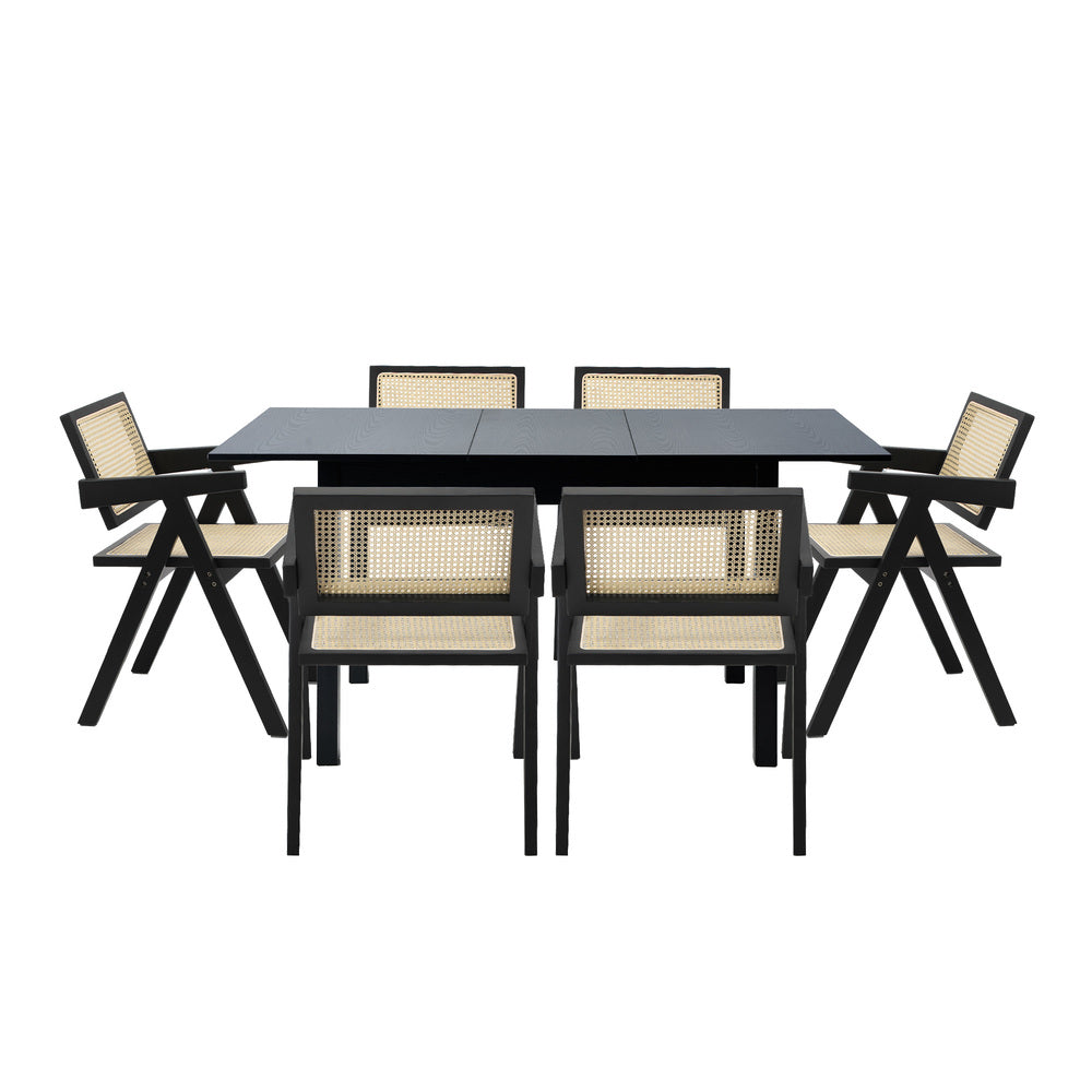 7pc Dining Table and Chairs Wooden Dining Set Ratten Black