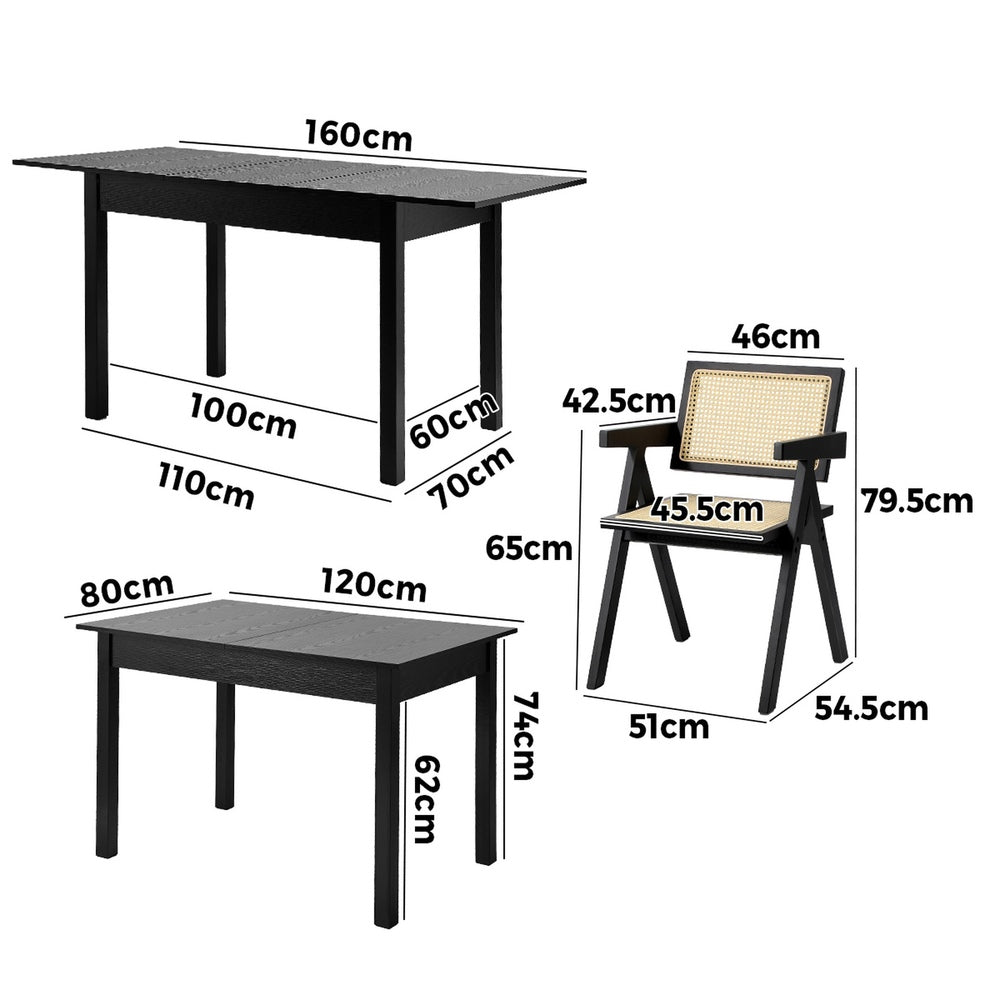 7pc Dining Table and Chairs Wooden Dining Set Ratten Black