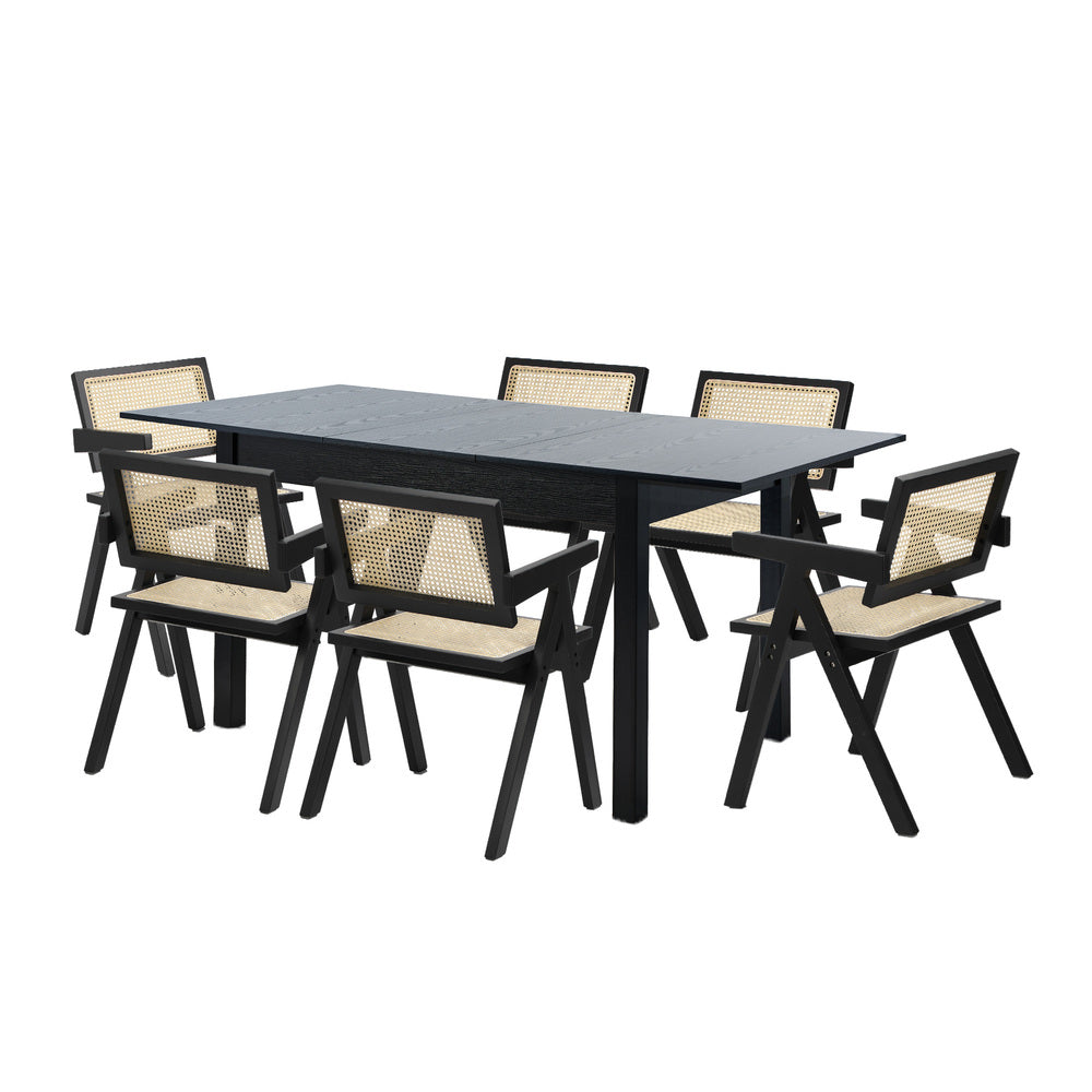 7pc Dining Table and Chairs Wooden Dining Set Ratten Black