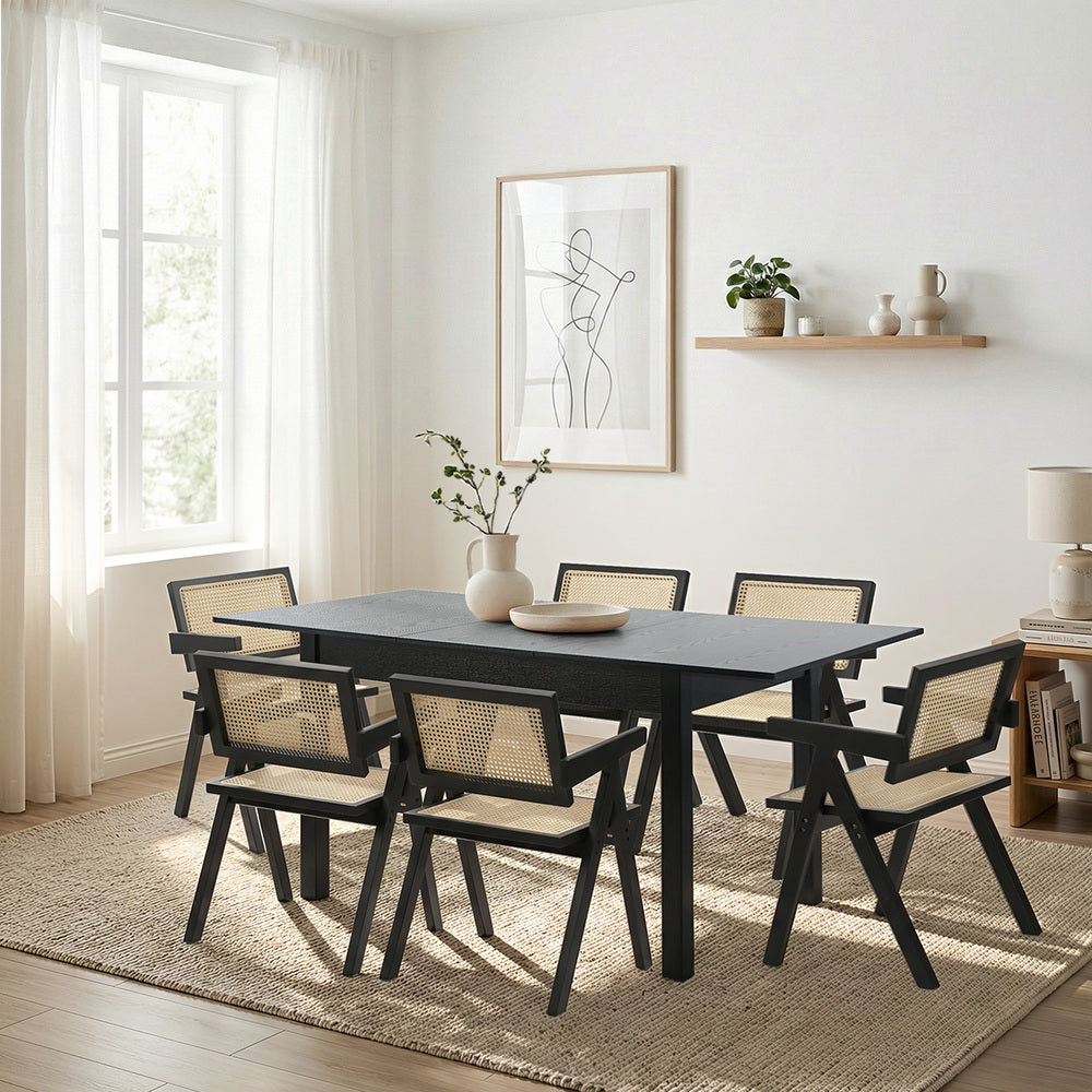 7pc Dining Table and Chairs Wooden Dining Set Ratten Black