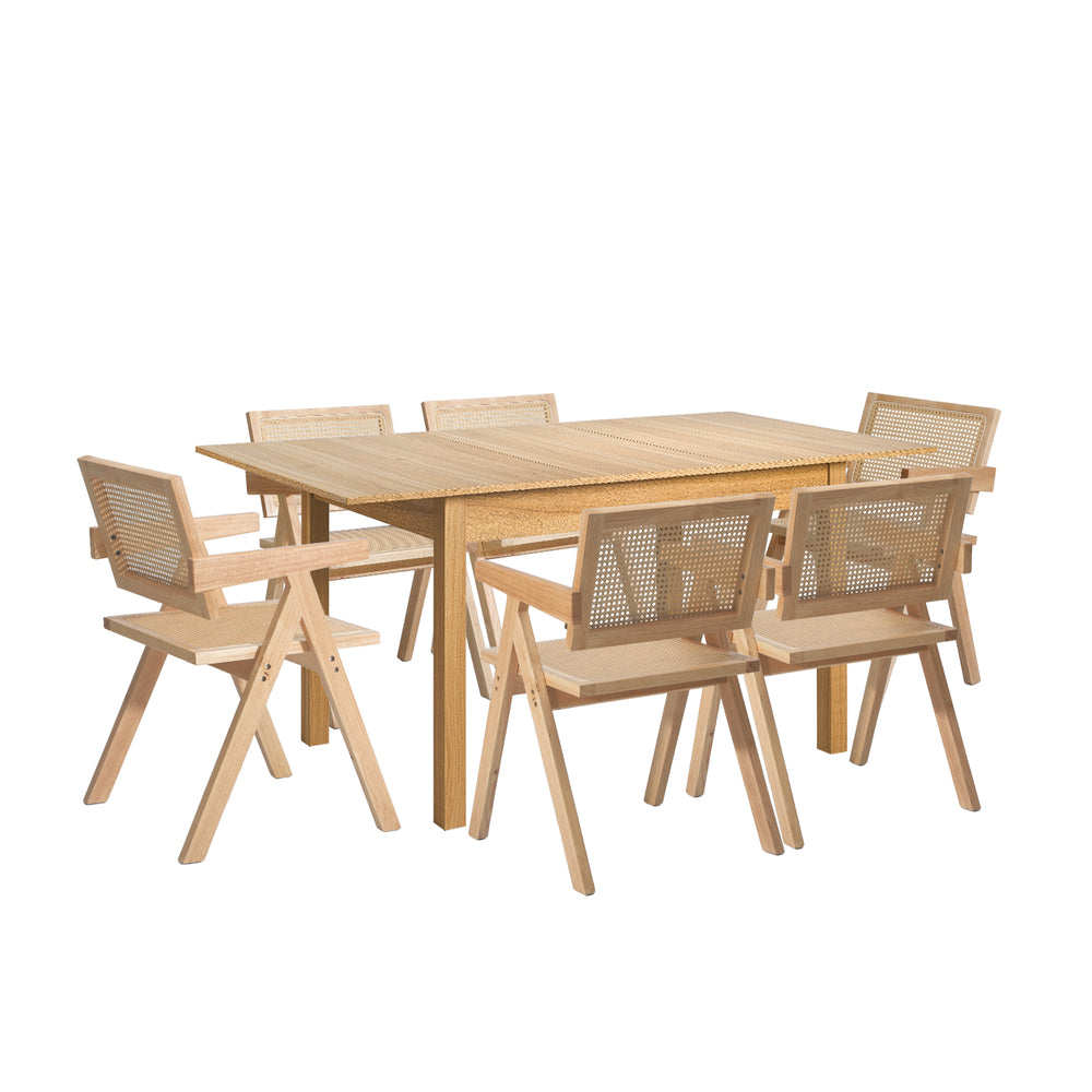 7pc Dining Table and Chairs Wooden Dining Set Ratten Natural