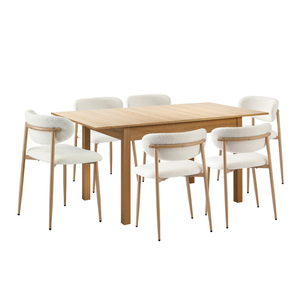 Oikiture 7pc Dining Table and Chairs Wooden Dining Set Boucle Natural
