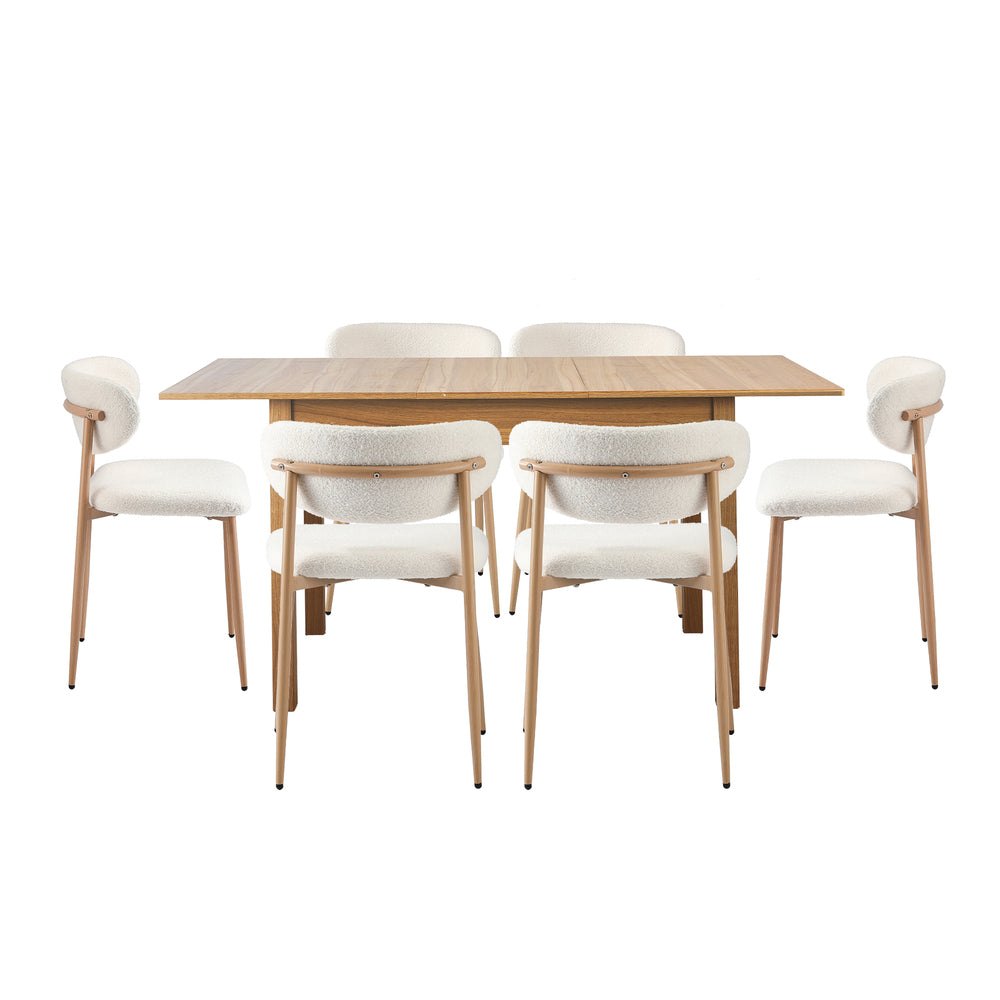 Oikiture 7pc Dining Table and Chairs Wooden Dining Set Boucle Natural