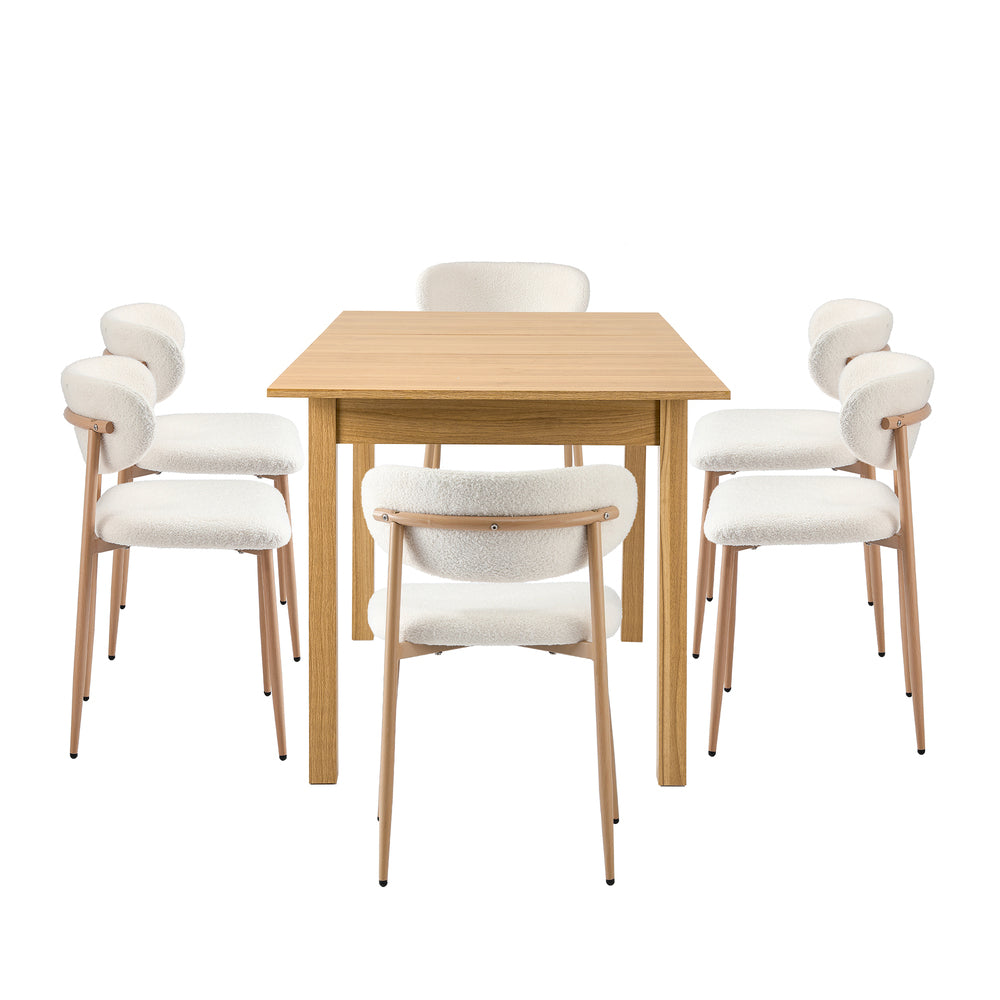 Oikiture 7pc Dining Table and Chairs Wooden Dining Set Boucle Natural