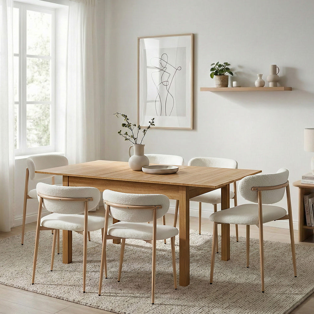 Oikiture 7pc Dining Table and Chairs Wooden Dining Set Boucle Natural