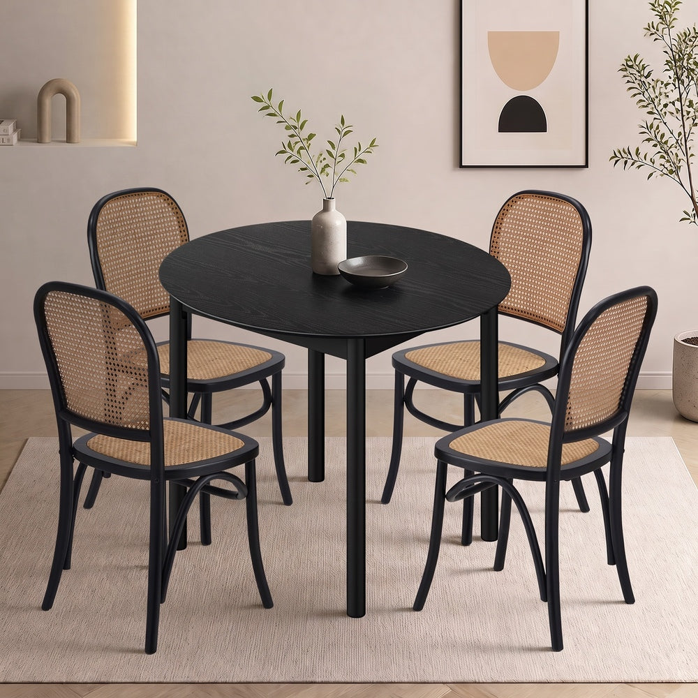 Oikiture 5PCS Dining Table Set 4 Rattan Dining Chairs Black