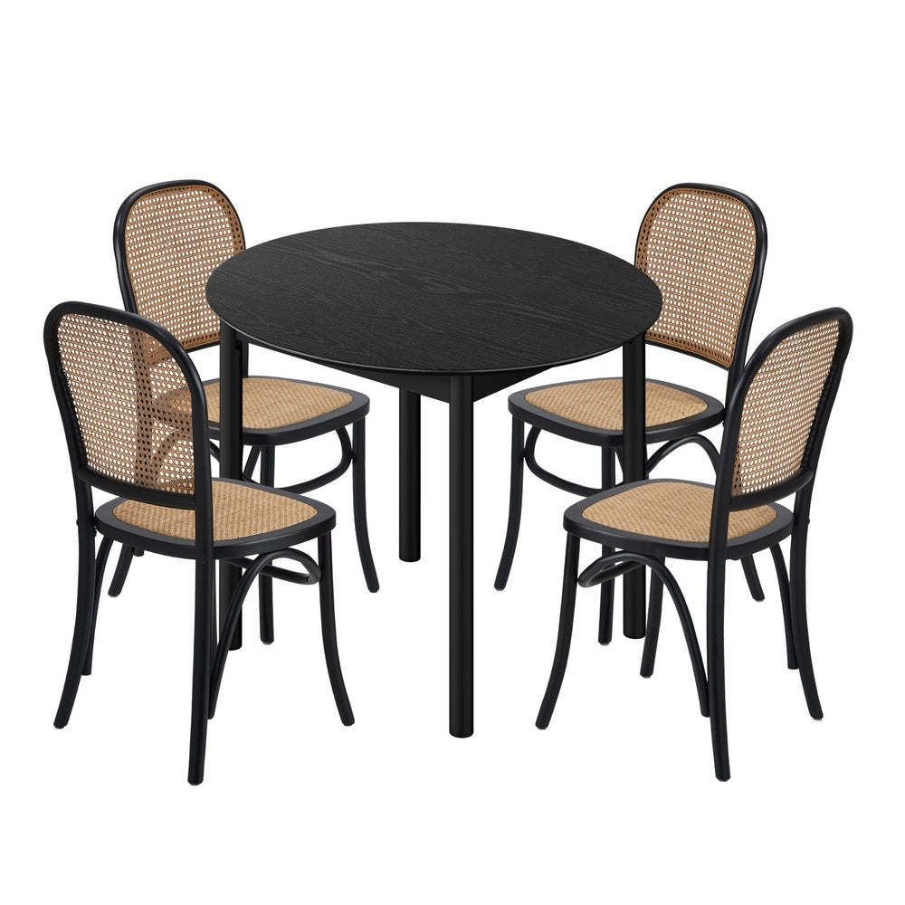 5pcs Dining Table Set with 4 Rattan Dining Chairs, Black, 150kg Capacity
