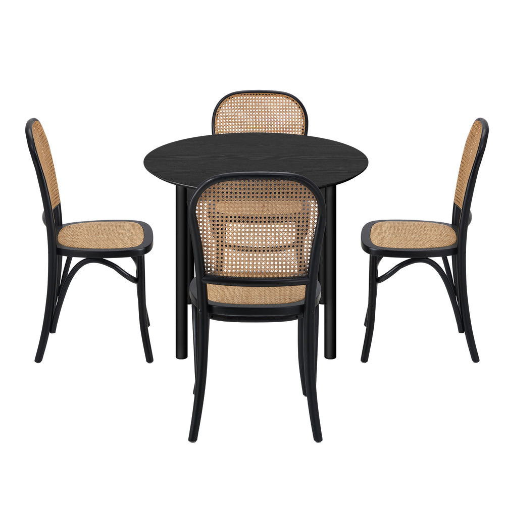 Oikiture 5PCS Dining Table Set 4 Rattan Dining Chairs Black