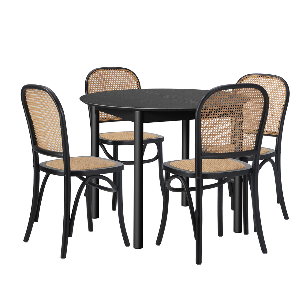 Oikiture 5PCS Dining Table Set 4 Rattan Dining Chairs Black
