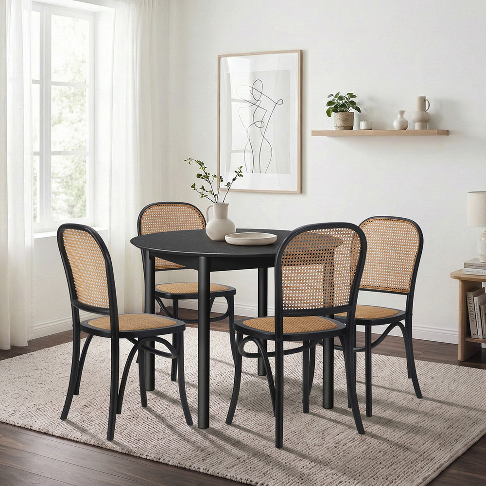 5pcs Dining Table Set with 4 Rattan Dining Chairs, Black, 150kg Capacity