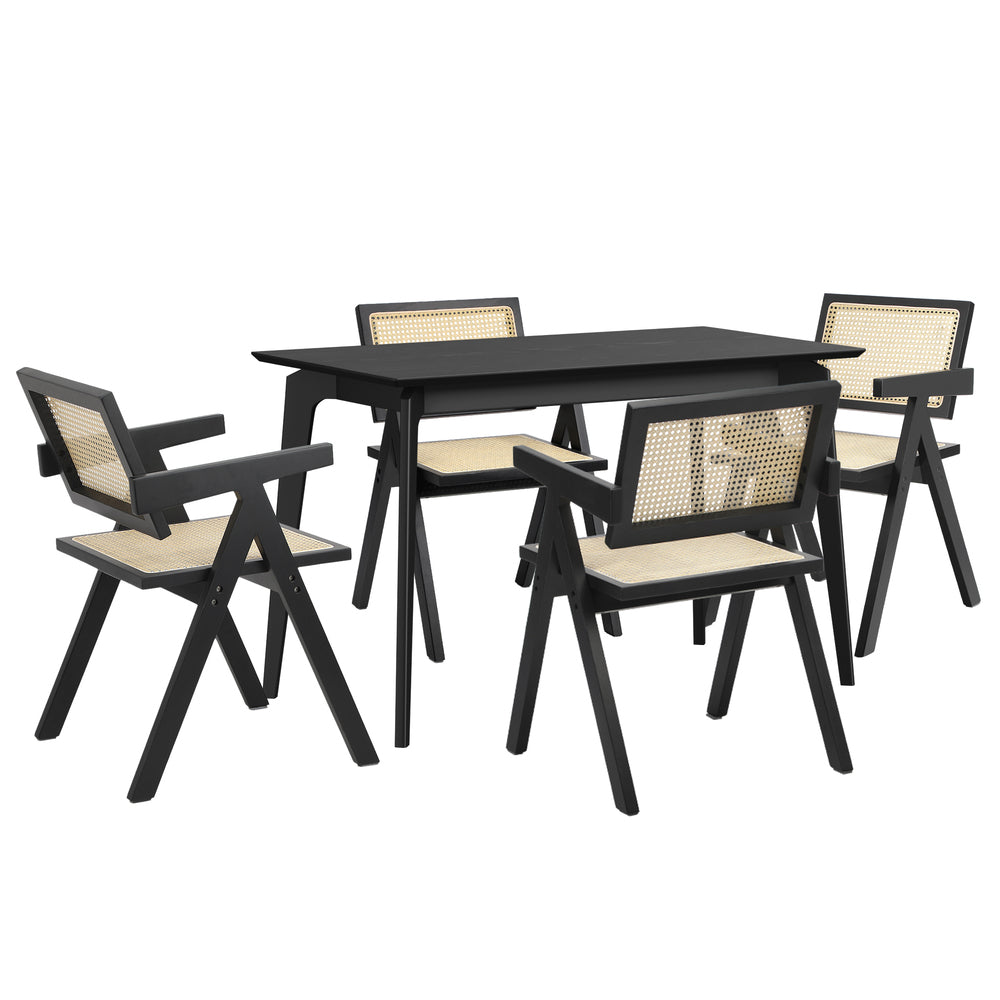 Oikiture 5PCS Dining Table Set Rectangle and Chair Rubberwood Black