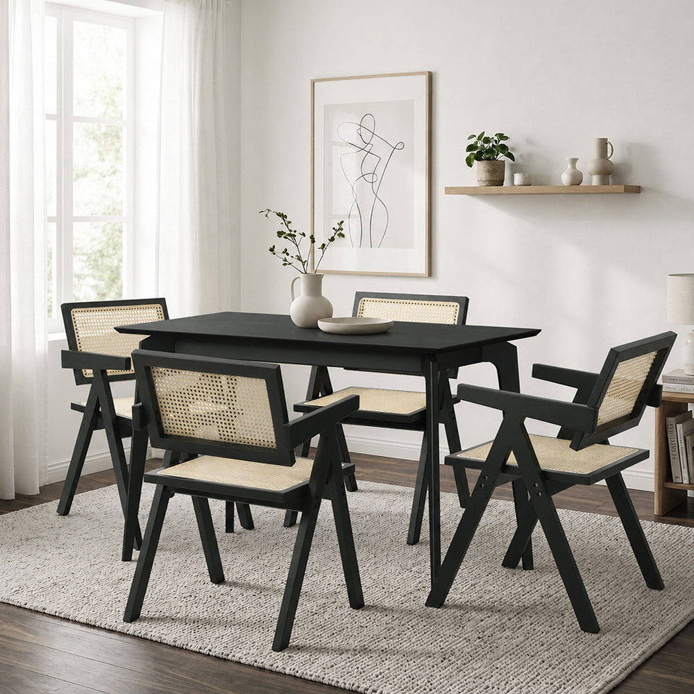 Oikiture 5PCS Dining Table Set Rectangle and Chair Rubberwood Black