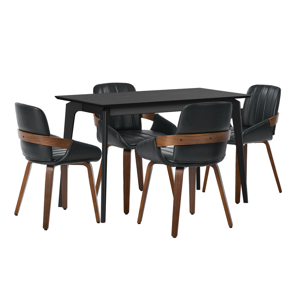 5 Piece Dining Table Set 120cm Rectangle Table 4 Faux Leather Armchairs Black