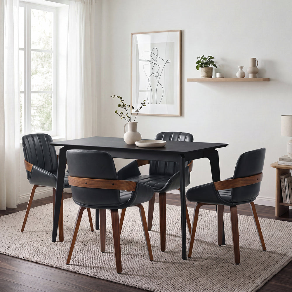 5 Piece Dining Table Set 120cm Rectangle Table 4 Faux Leather Armchairs Black