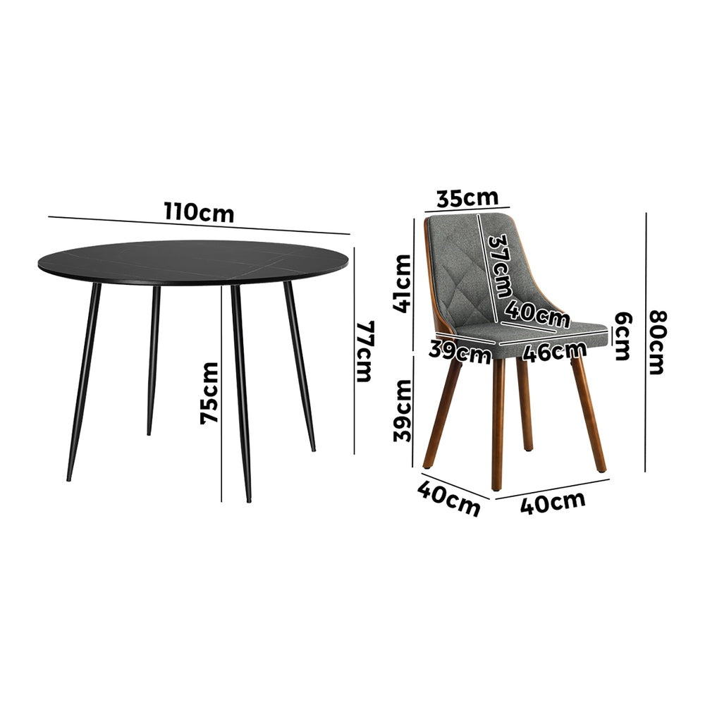 Oikiture 110cm Round Dining Table with 4PCS Chairs Faux Linen Grey