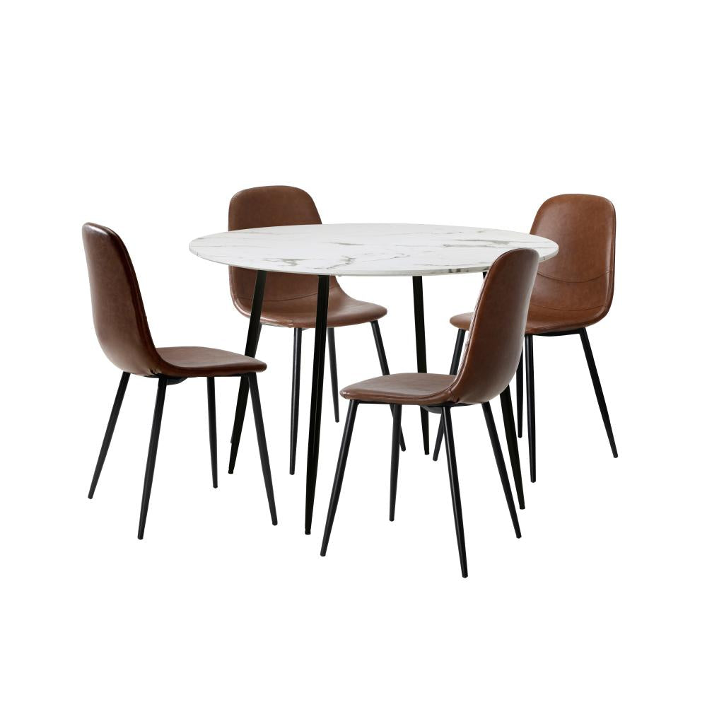 Round Dining Table & 4PCS Dining Chairs PU Brown