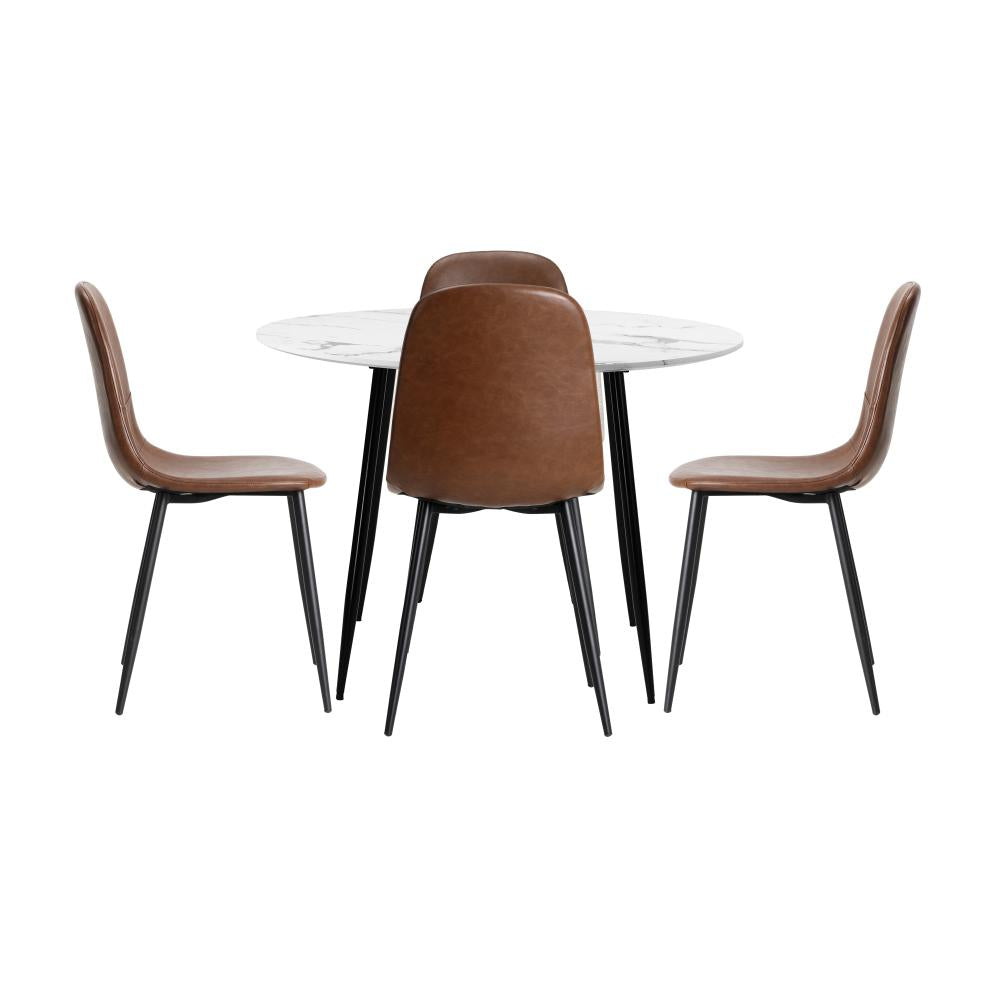 Round Dining Table & 4PCS Dining Chairs PU Brown