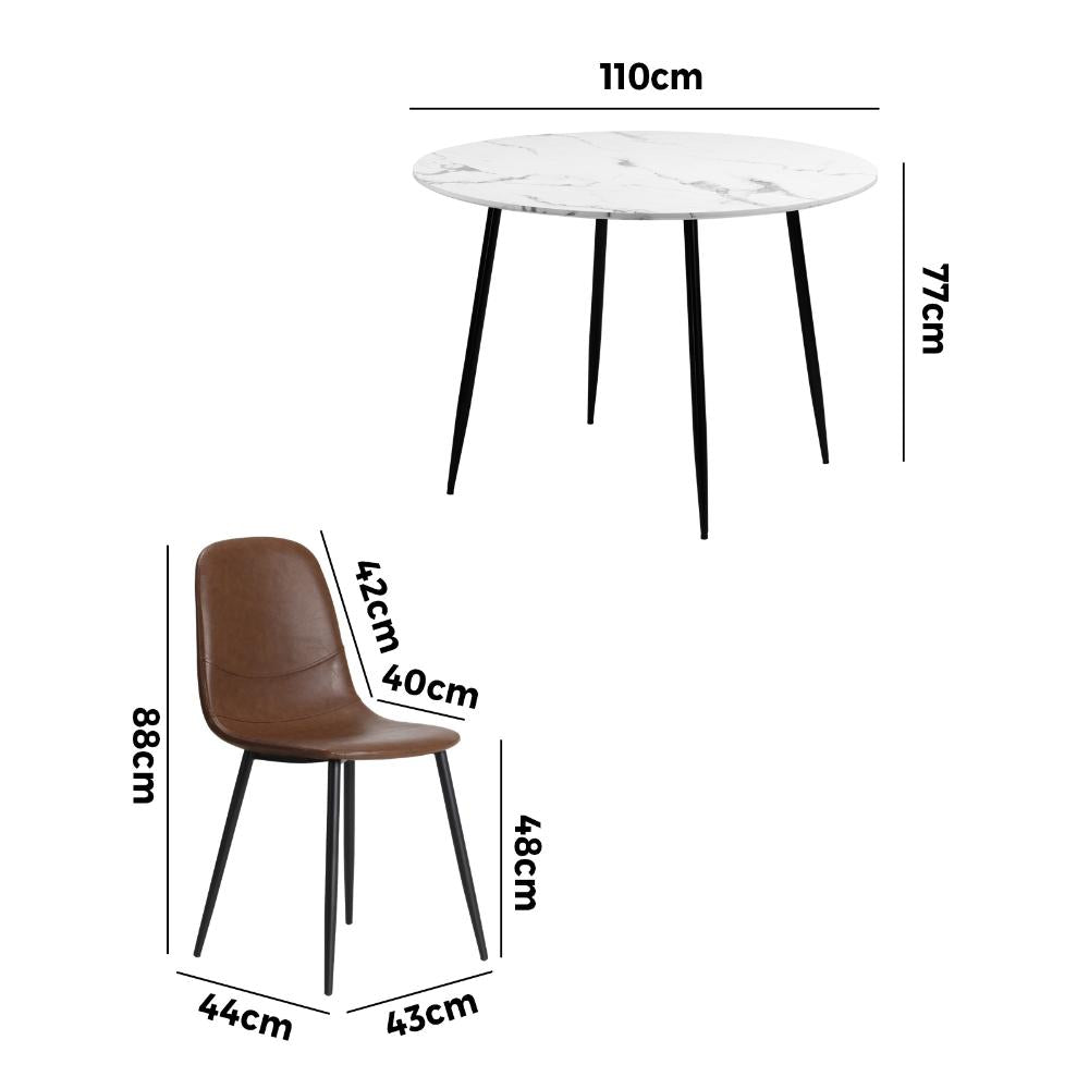 Round Dining Table & 4PCS Dining Chairs PU Brown