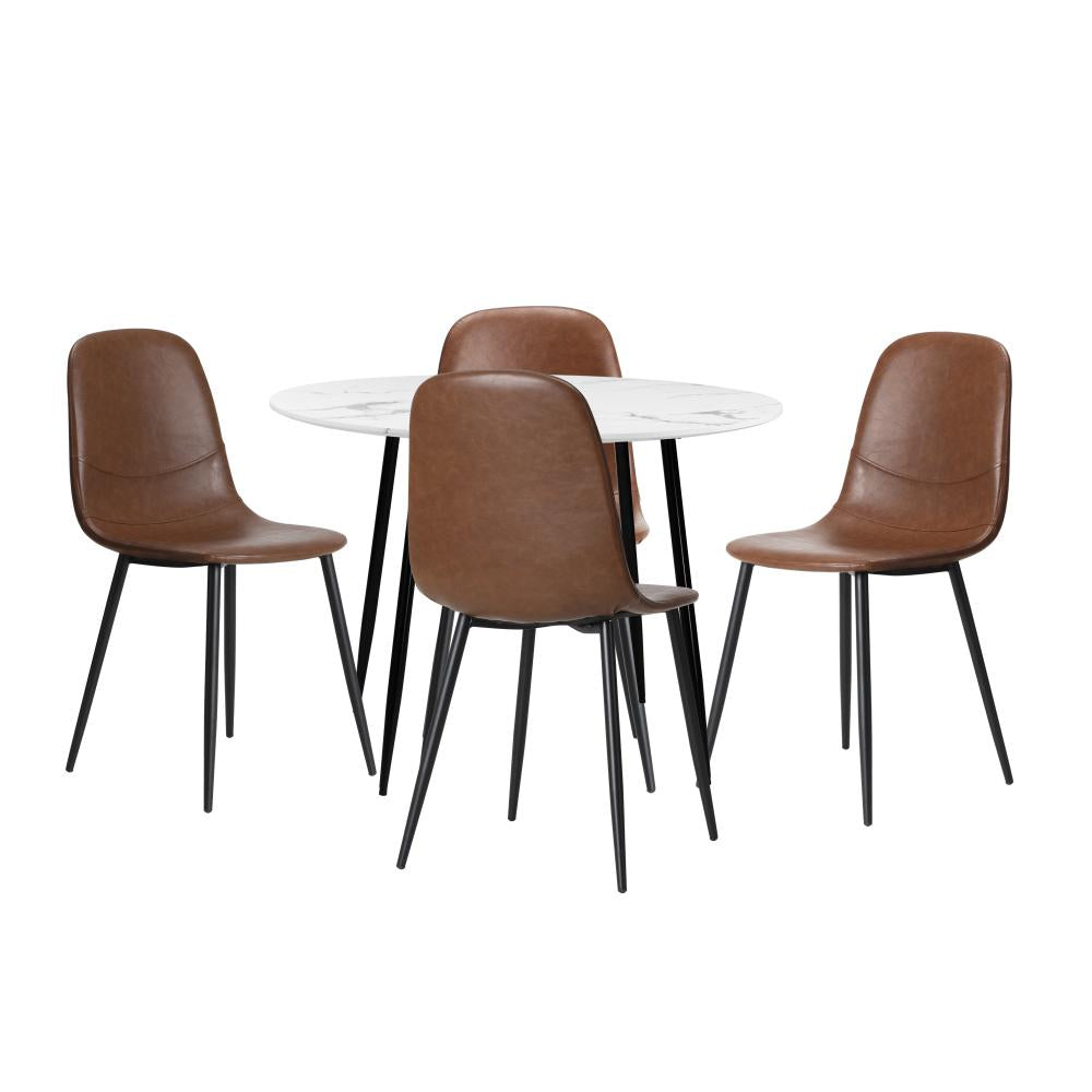 Round Dining Table & 4PCS Dining Chairs PU Brown