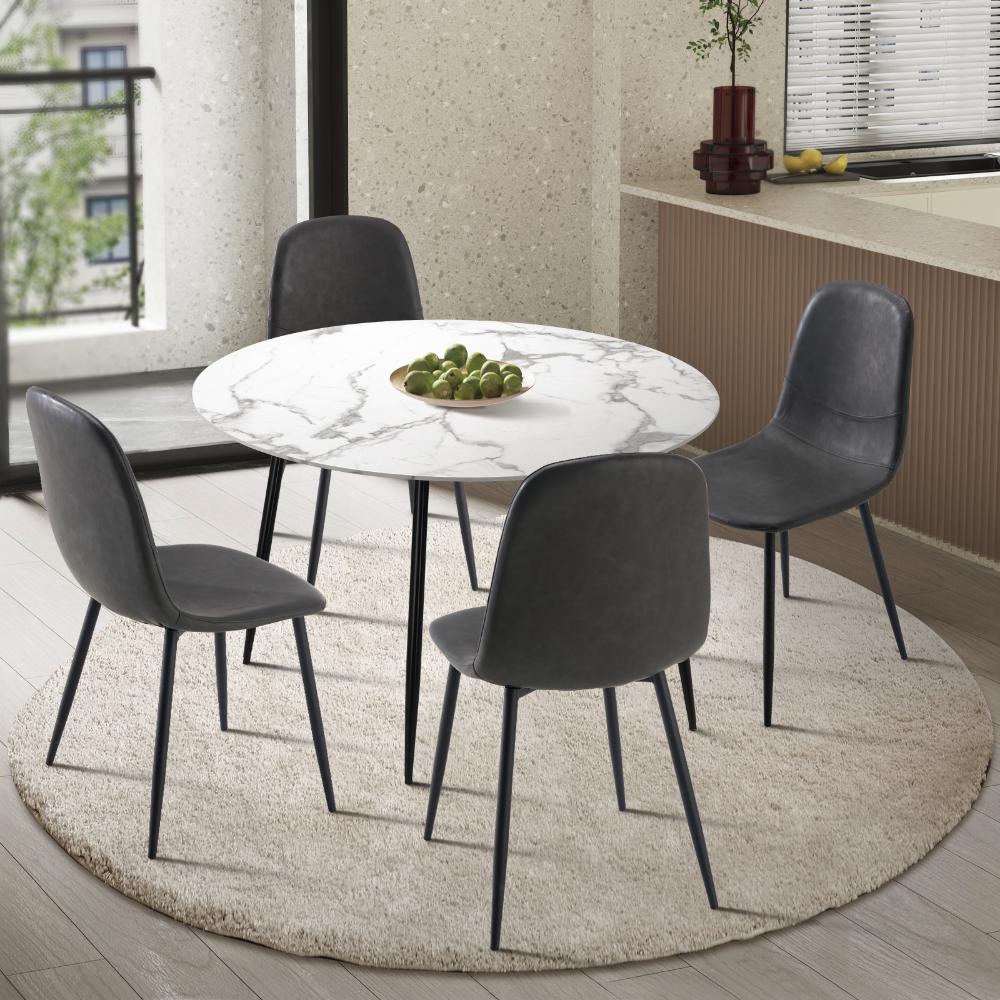 Round Dining Table & 4PCS Dining Chairs PU Grey