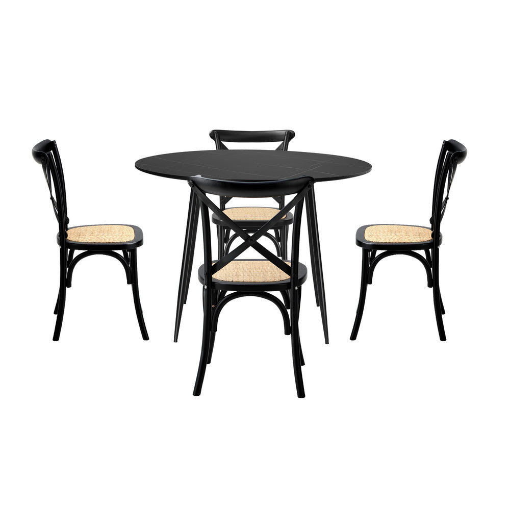 Oikiture 110cm Round Dining Table with 4PCS Dining Chairs Birch Timber Black