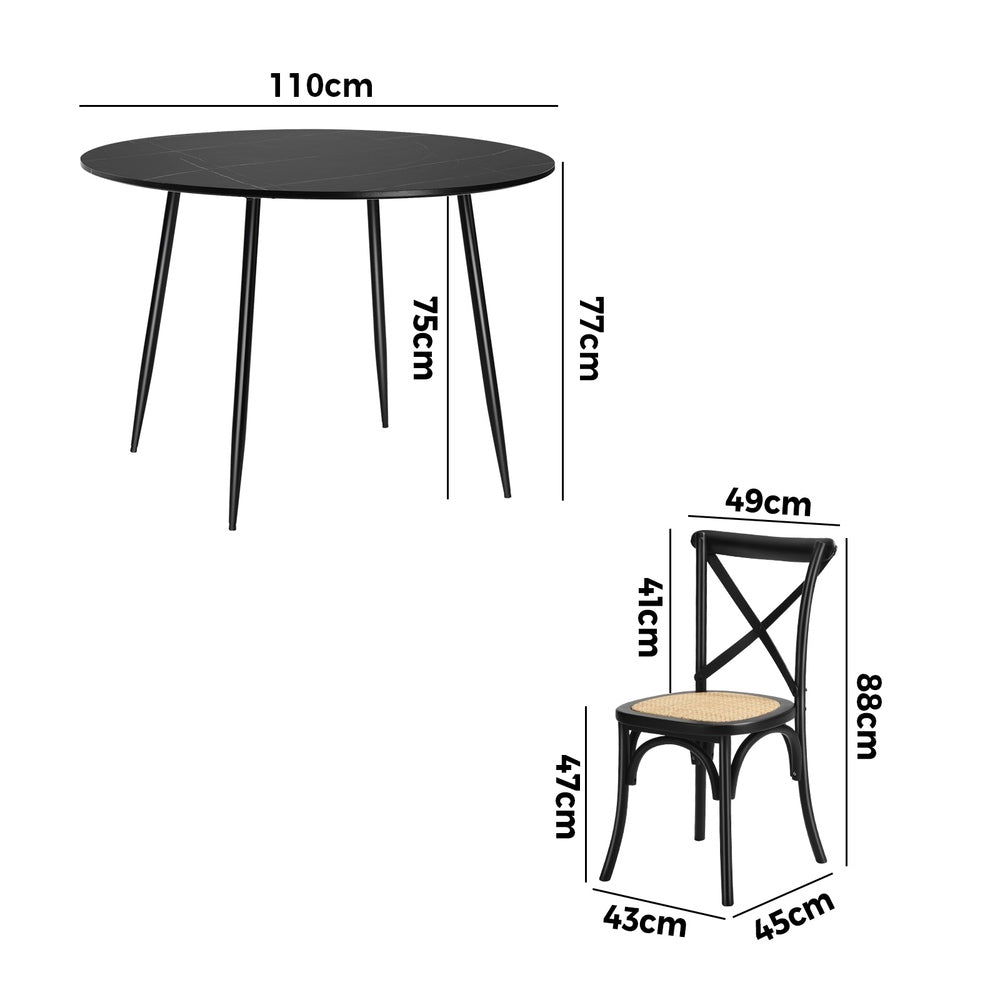 Oikiture 110cm Round Dining Table with 4PCS Dining Chairs Birch Timber Black