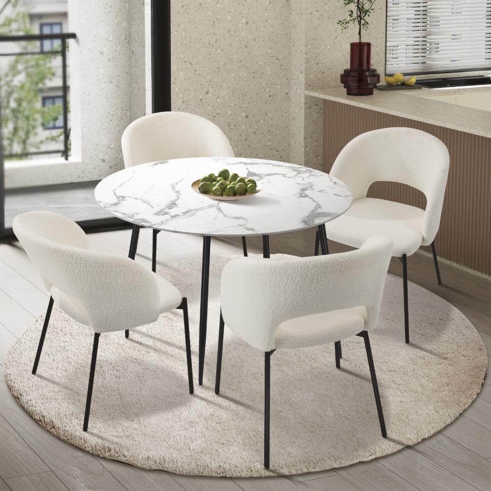 110cm Round Dining Table with 4PCS Chairs Sherpa White