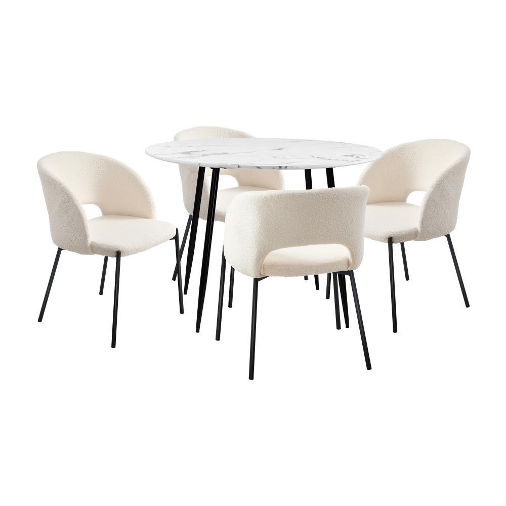 110cm Round Dining Table with 4PCS Chairs Sherpa White