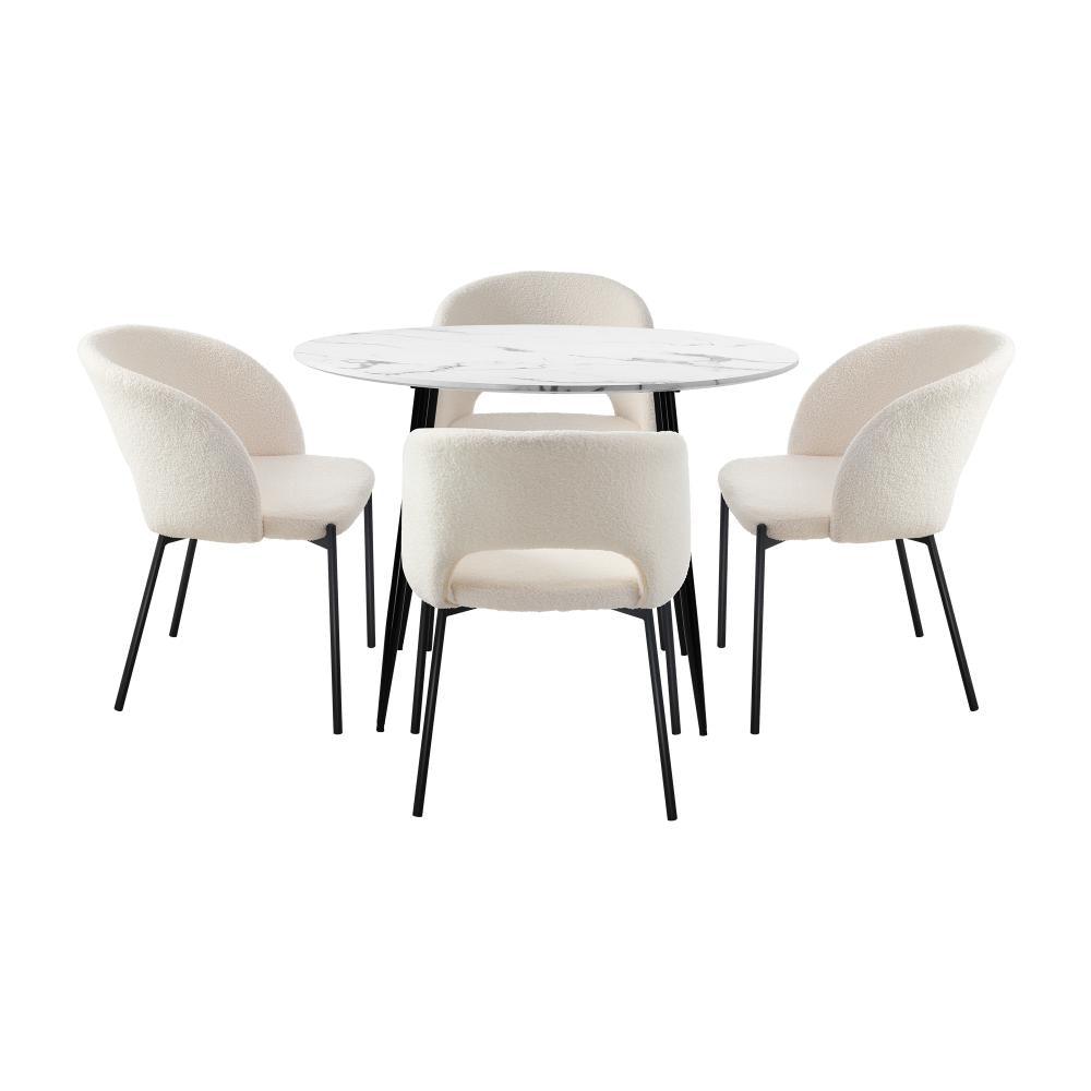 110cm Round Dining Table with 4PCS Chairs Sherpa White