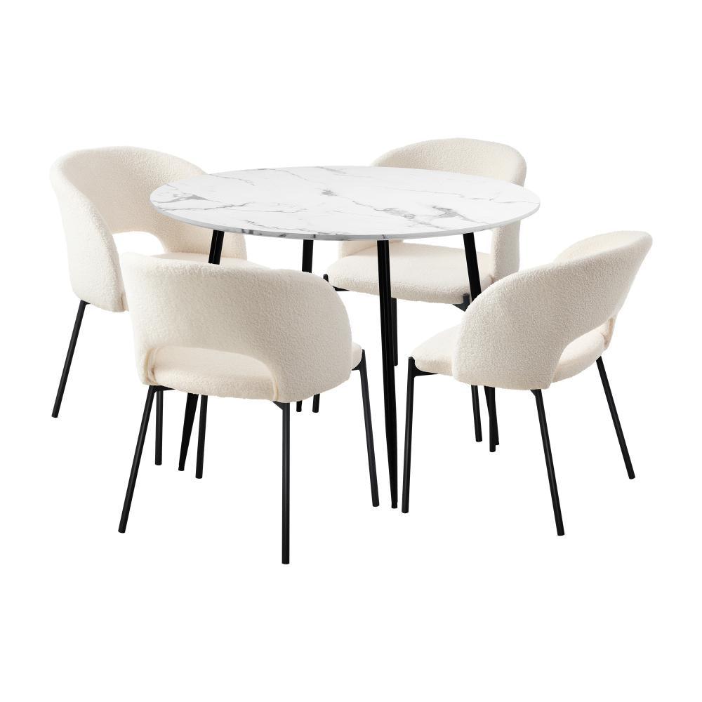 110cm Round Dining Table with 4PCS Chairs Sherpa White