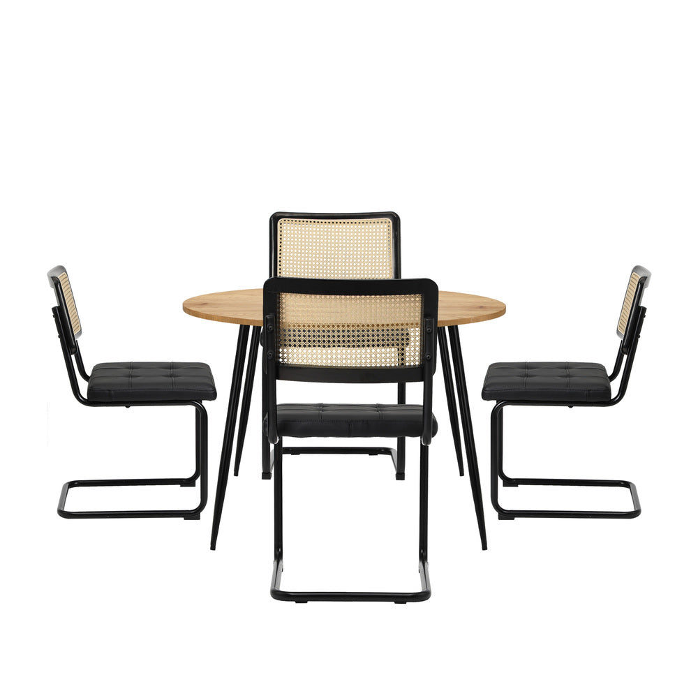 110cm Round Dining Table with 4PCS Dining Chairs Leather Black