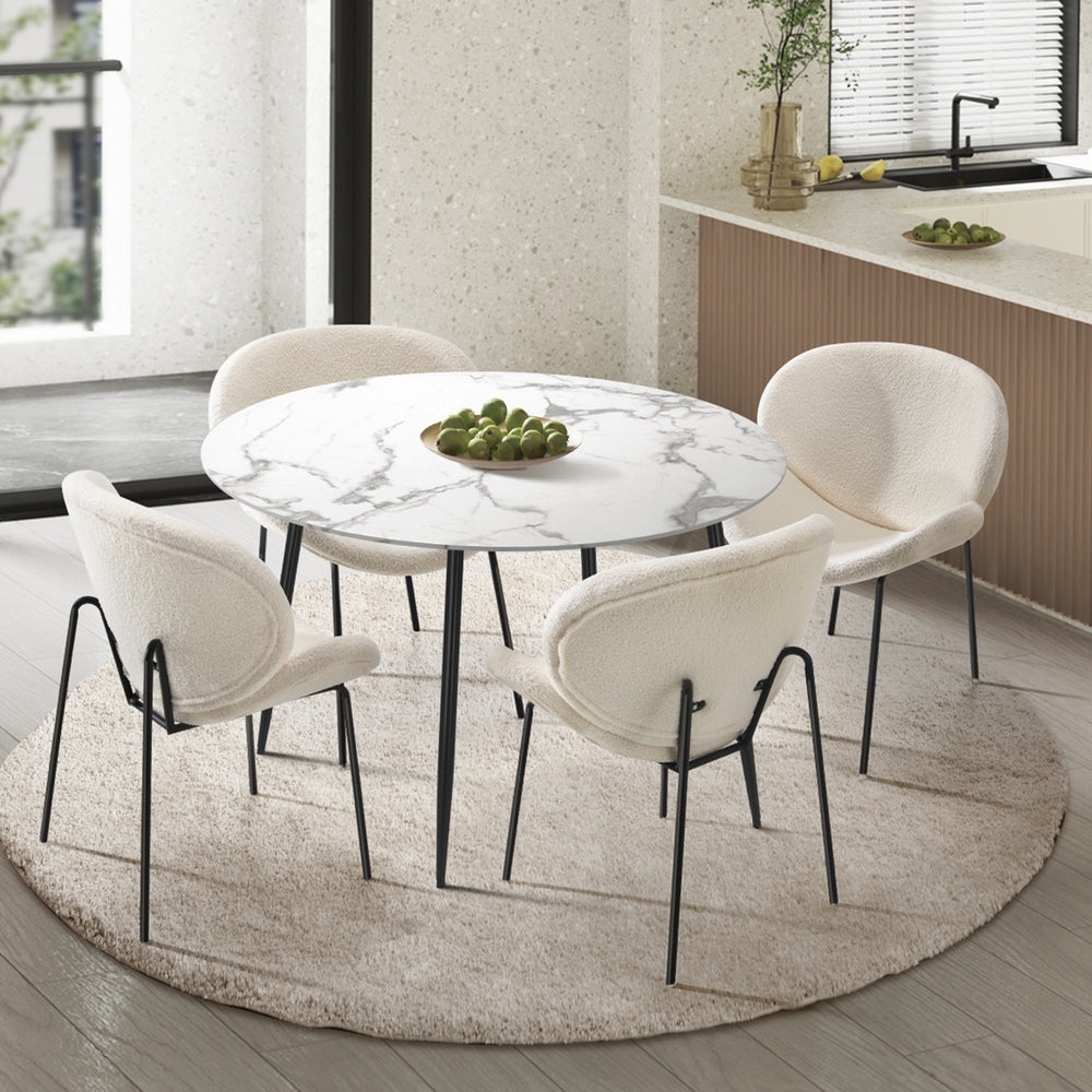110cm Round Dining Table with 4PCS Chairs White Sherpa