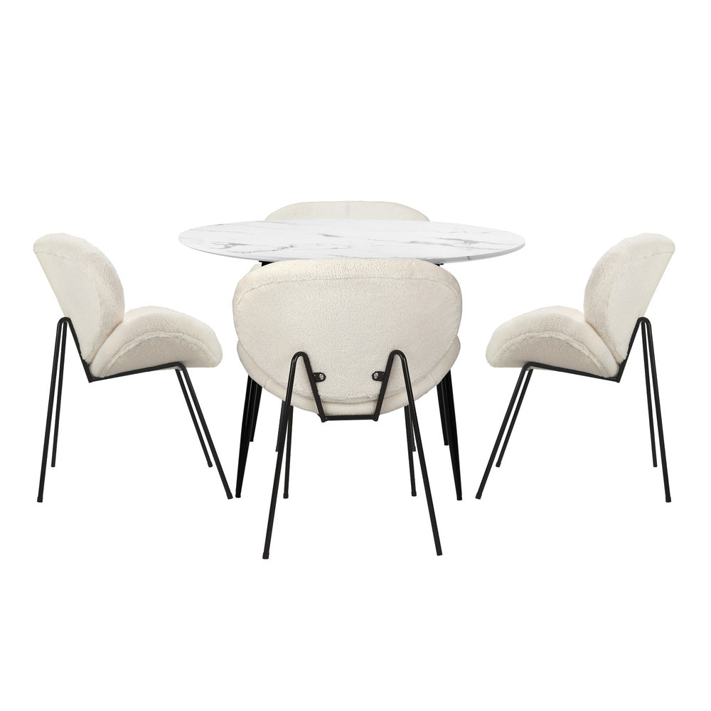 110cm Round Dining Table with 4PCS Chairs White Sherpa