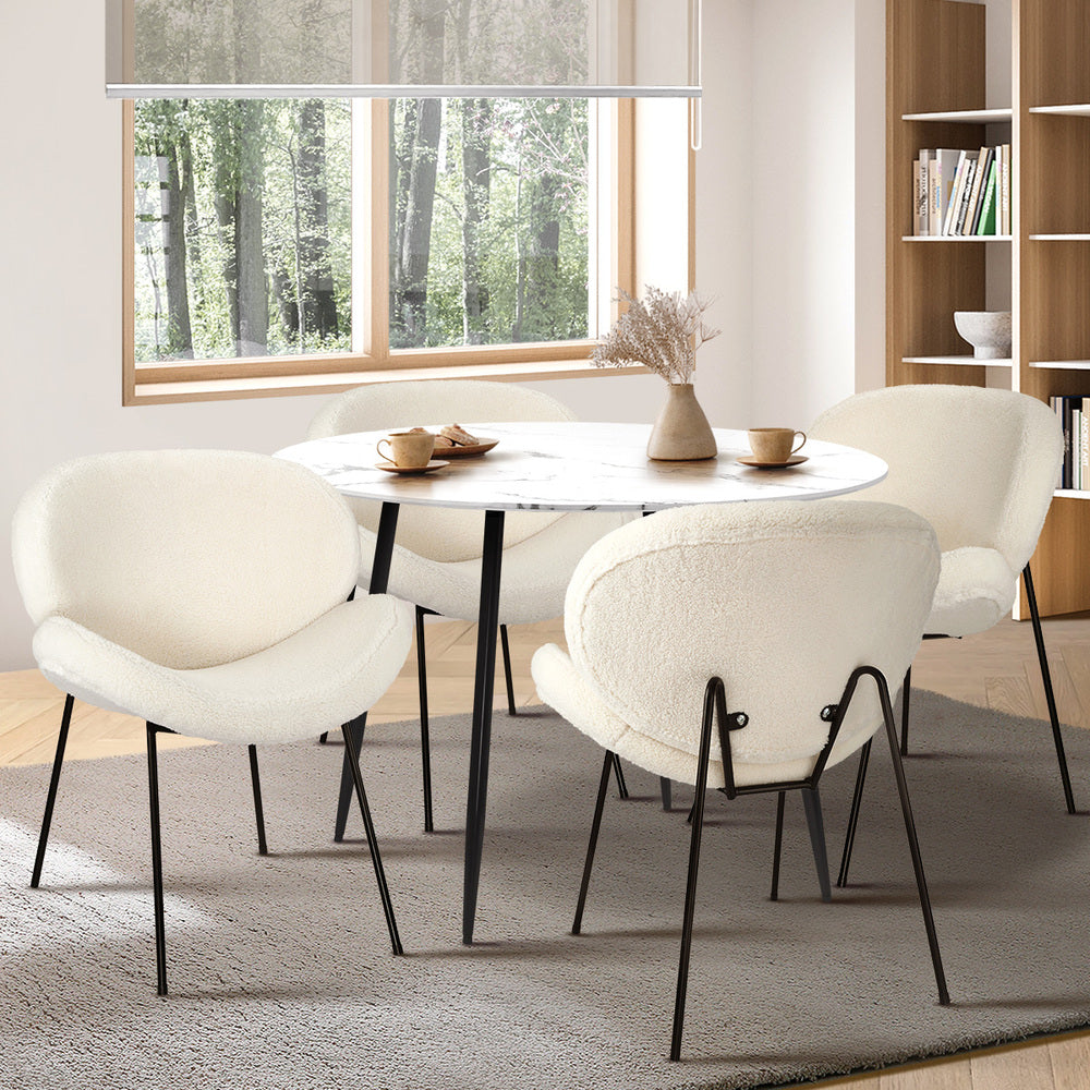 110cm Round Dining Table with 4PCS Chairs White Sherpa