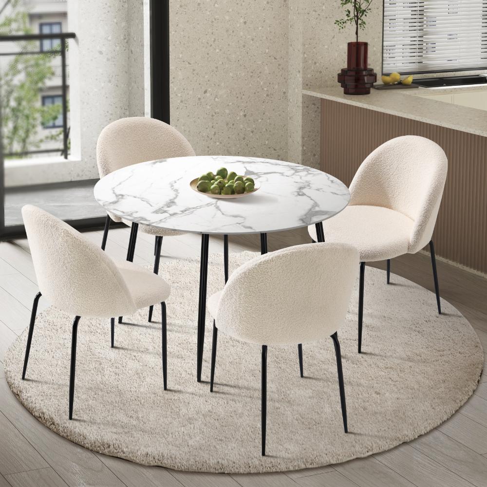 Round Dining Table & 4PCS Dining Chairs White Sherpa