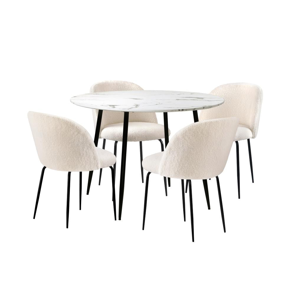 Round Dining Table & 4PCS Dining Chairs White Sherpa
