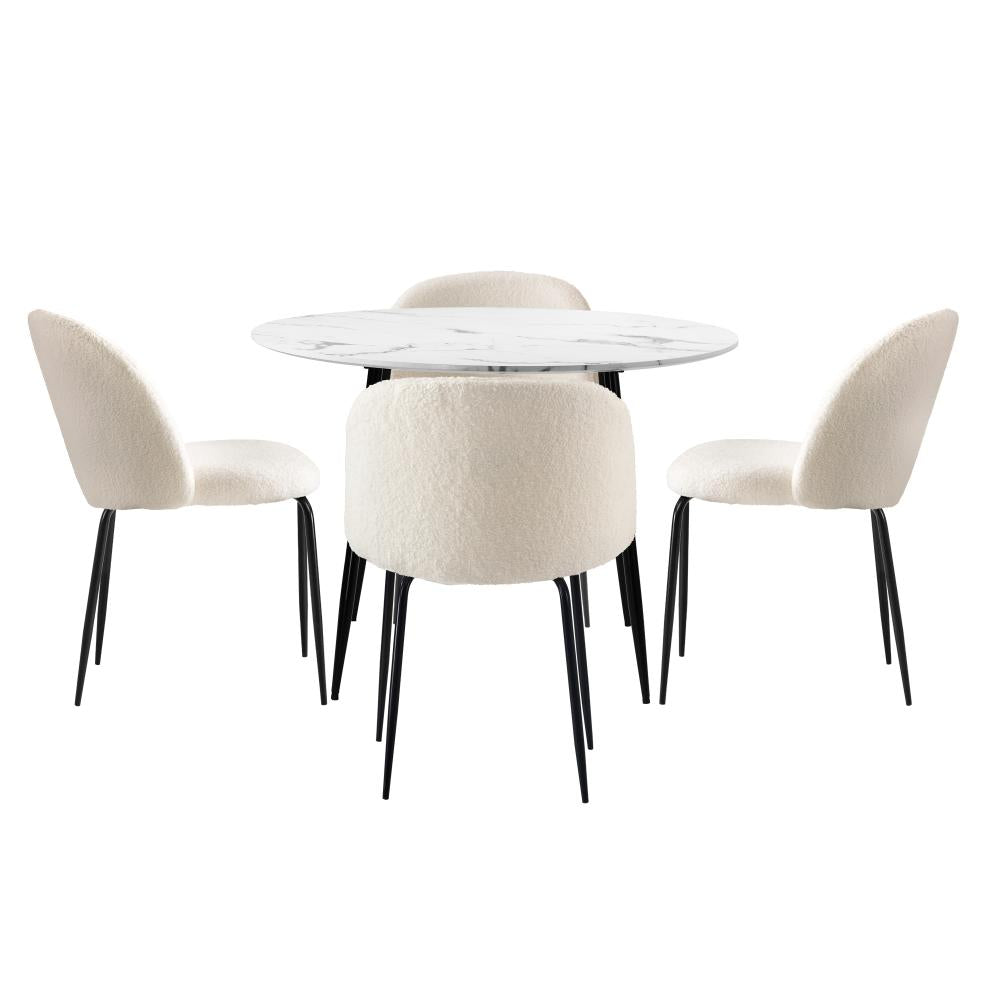 Round Dining Table & 4PCS Dining Chairs White Sherpa