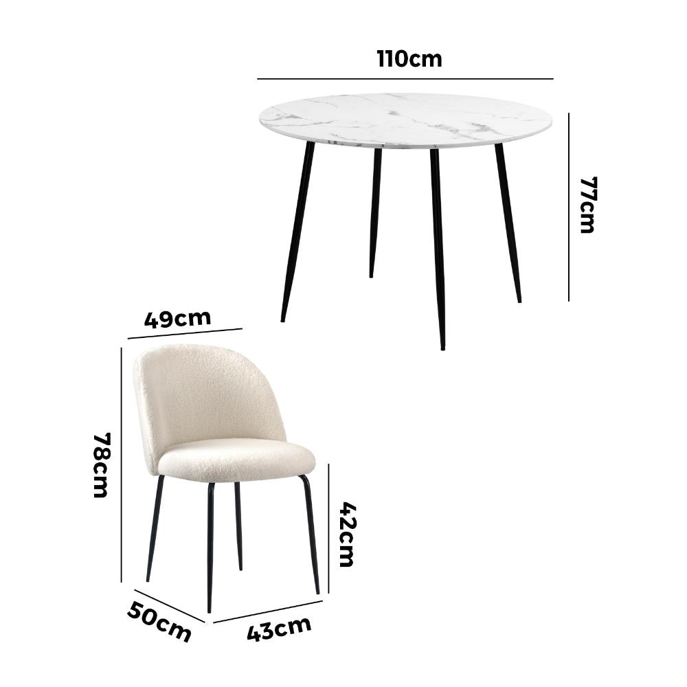 Round Dining Table & 4PCS Dining Chairs White Sherpa