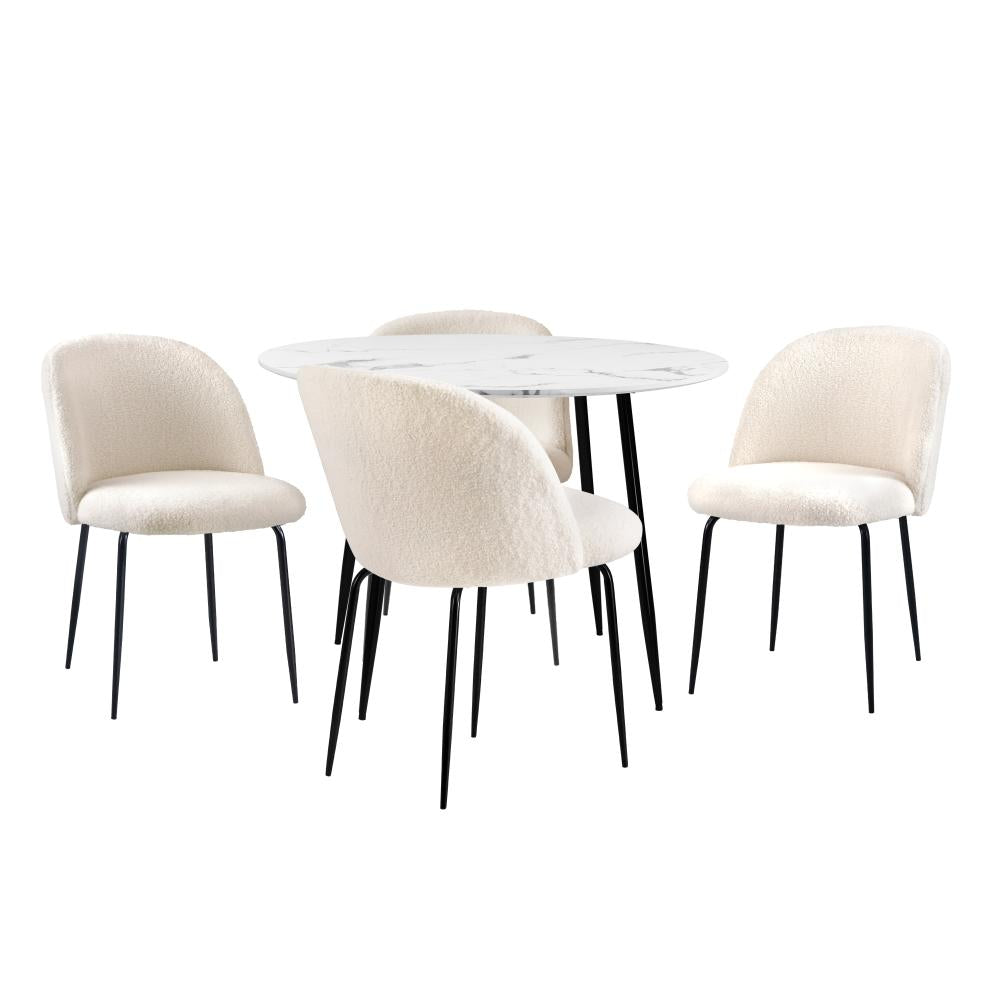 Round Dining Table & 4PCS Dining Chairs White Sherpa