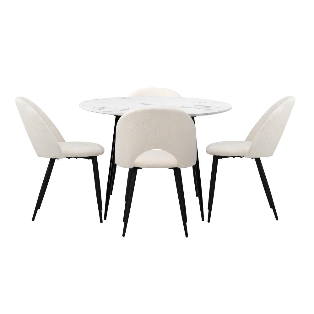 Round Dining Table & 4PCS Dining Chairs Sherpa White