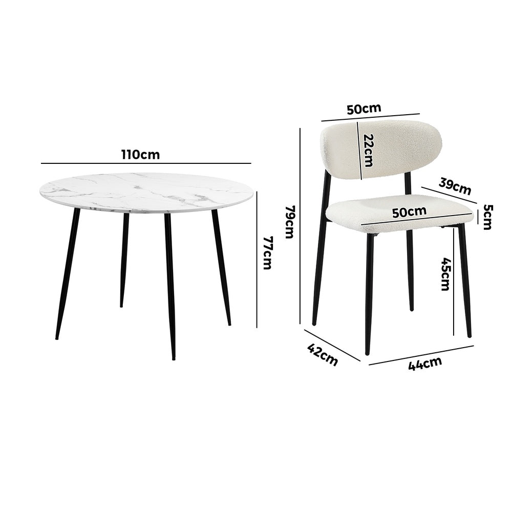 Oikiture 110cm Round Dining Table with 4x Dining Chairs Boucle Black&White