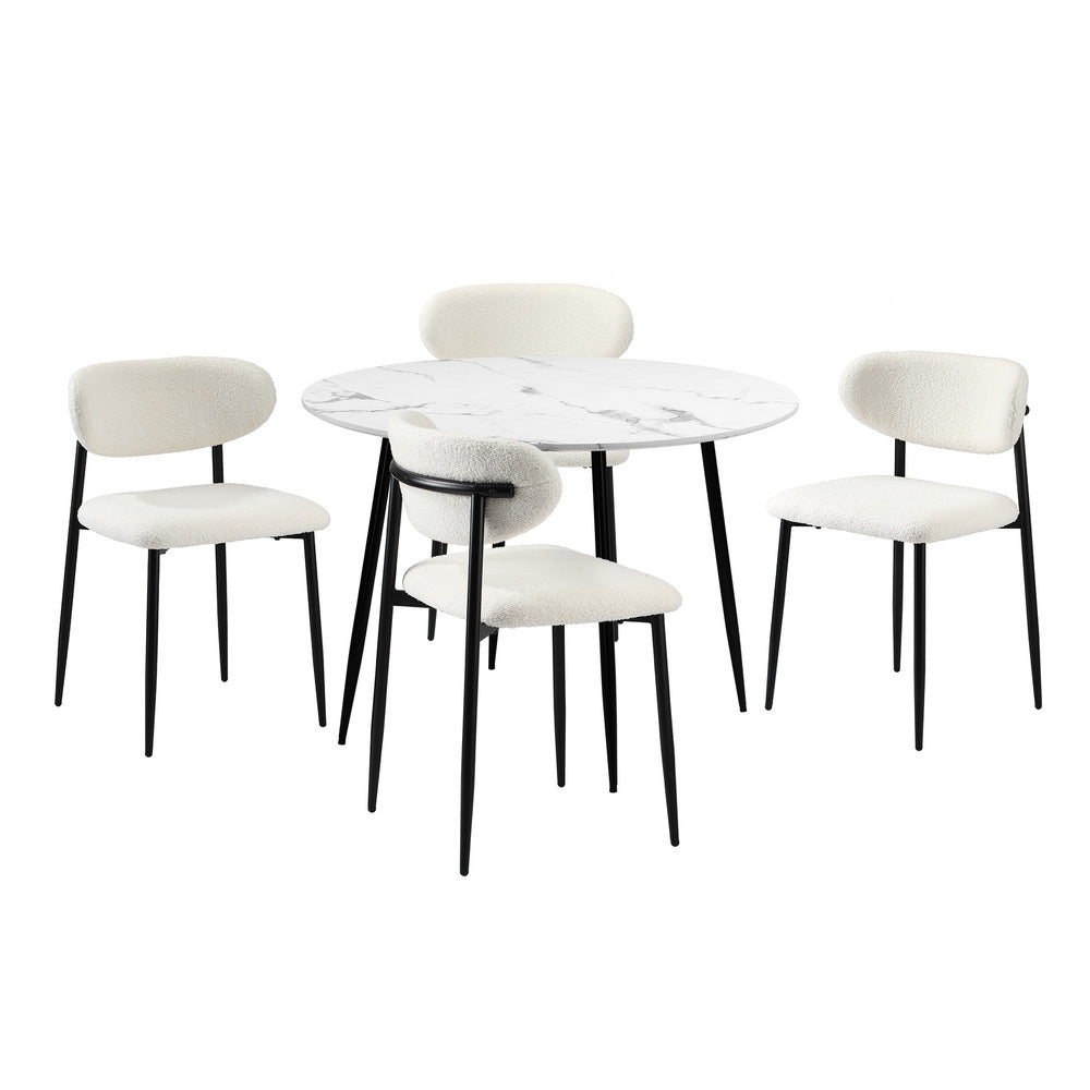 Oikiture 110cm Round Dining Table with 4x Dining Chairs Boucle Black&White