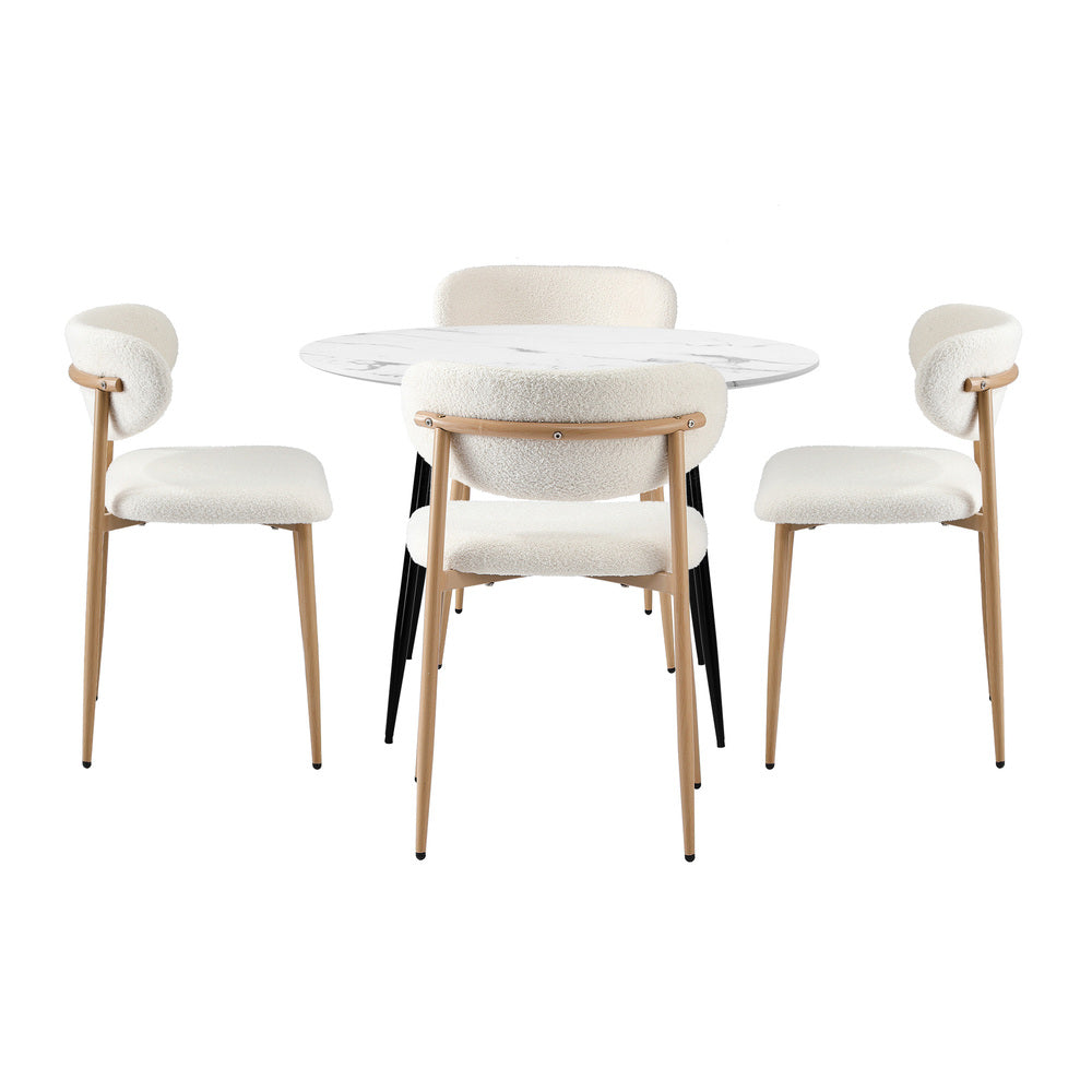 Oikiture 110cm Round Dining Table with 4x Dining Chairs Boucle White
