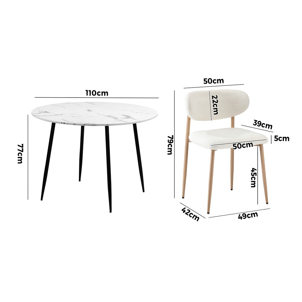 Oikiture 110cm Round Dining Table with 4x Dining Chairs Boucle White